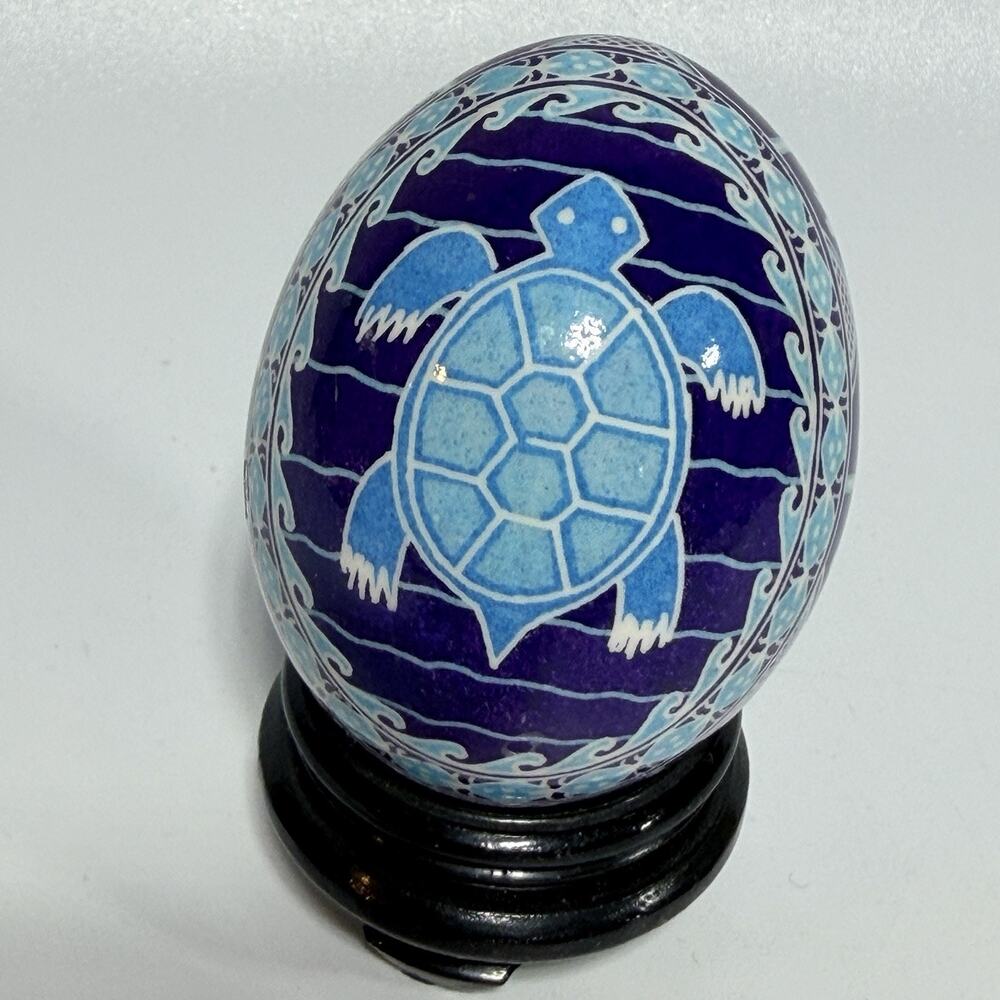 Blue Ukrainian Pysanky Easter Egg Hen Shell Wax Resist Dyed Turtle 2.5"